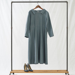 [Wafu]中領加厚亞麻連衣裙美麗的低領亞麻連衣裙長袖/ Etine藍色a055a-ebn2 第10張的照片