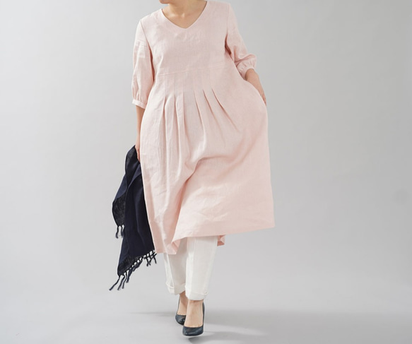 [Wafu]中型亞麻連衣裙軟袖V領針腳連衣裙/貝殼粉紅色/ a062a-spk2 第6張的照片