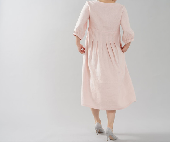 [Wafu]中型亞麻連衣裙軟袖V領針腳連衣裙/貝殼粉紅色/ a062a-spk2 第7張的照片