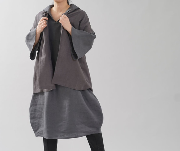 [Wafu] 中等重量亞麻 Haori Topper Cardigan Robe 外套 For 日本衣服 / Kurotsuru 第3張的照片