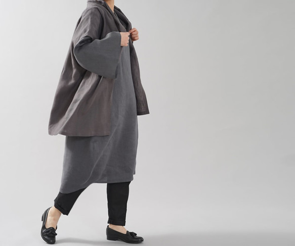 [Wafu] 中等重量亞麻 Haori Topper Cardigan Robe 外套 For 日本衣服 / Kurotsuru 第7張的照片