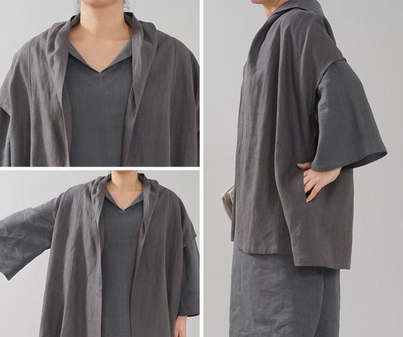 [Wafu] 中等重量亞麻 Haori Topper Cardigan Robe 外套 For 日本衣服 / Kurotsuru 第10張的照片