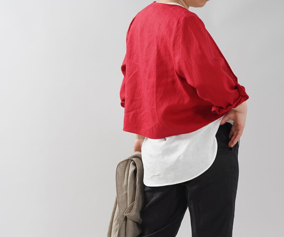 【Wafu】中厚亞麻開衫Haori 外袖袖襯衫袖V領Bolero/紅色h001c-red2 第7張的照片