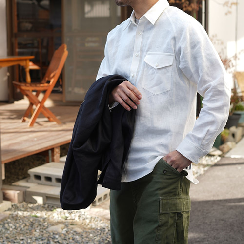 wafu】【M】メンズ 中厚地 リネン ラグラン シャツ 長袖 メンズ