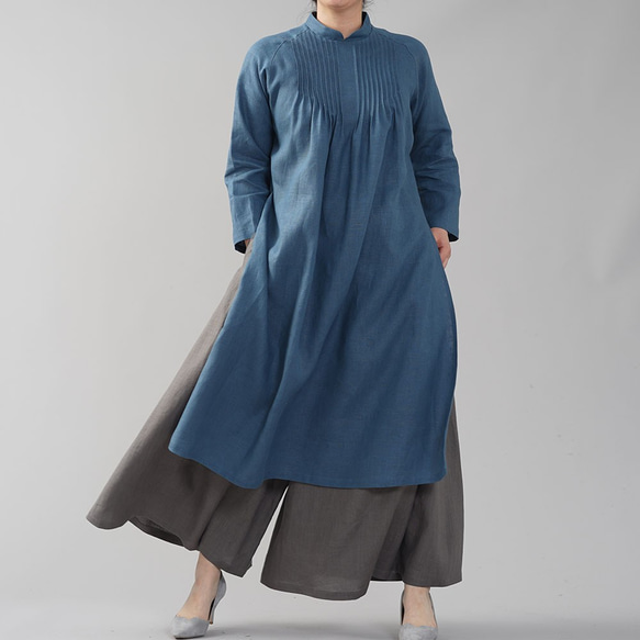 ハンドメイド　作家様　リネンワンピース wafu】中厚 リネン ワンピース ピンタック アオザイ風 長袖