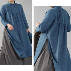 [wafu] 中厚亞麻洋裝細褶長袖長袖側開衩 / 藍色 passe a089a-bps2 第2張的照片