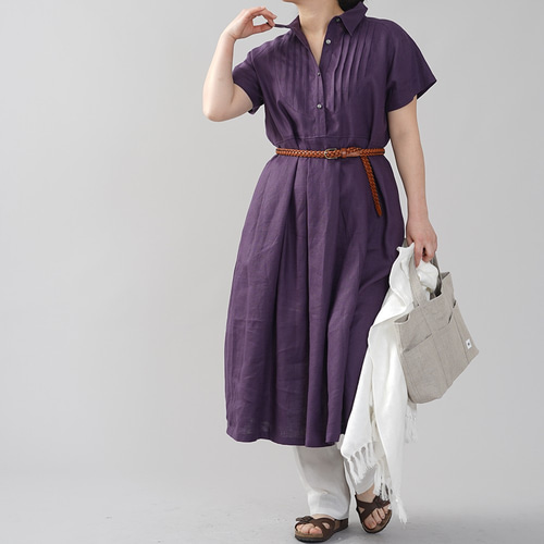 ★wafuベルギーリネン100%ウェストギャザーワンピース/プラムパープル ☆wafuベルギーリネン100%ウェストギャザーワンピース/プラムパープル