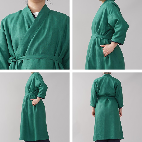 【和服】中厚亞麻禪宗外罩和服和服日式衣領長袍外套亞麻外套/巴黎綠h037g-prg 第9張的照片
