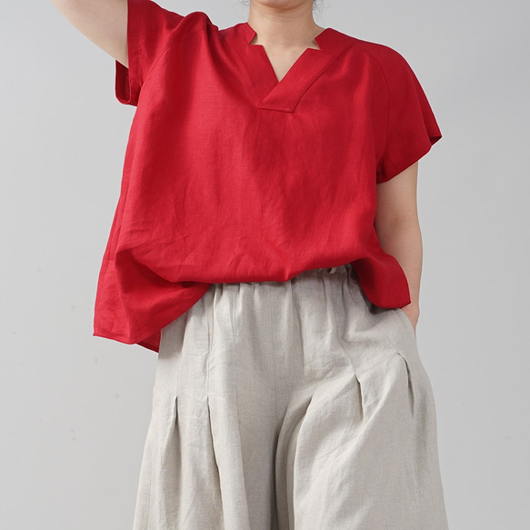 【wafu】やや薄地 リネン ブラウス トップス 禅 着物襟 和装 リネン100%/赤紅 t028e-akb1 1枚目の画像