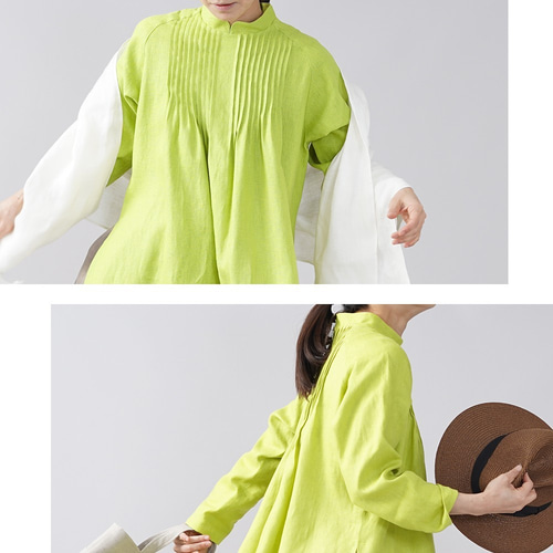 wafu】中厚 リネン ワンピース ピンタック アオザイ風 サイドスリット