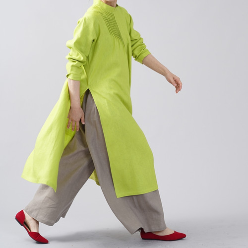 wafu】中厚 リネン ワンピース ピンタック アオザイ風 サイドスリット