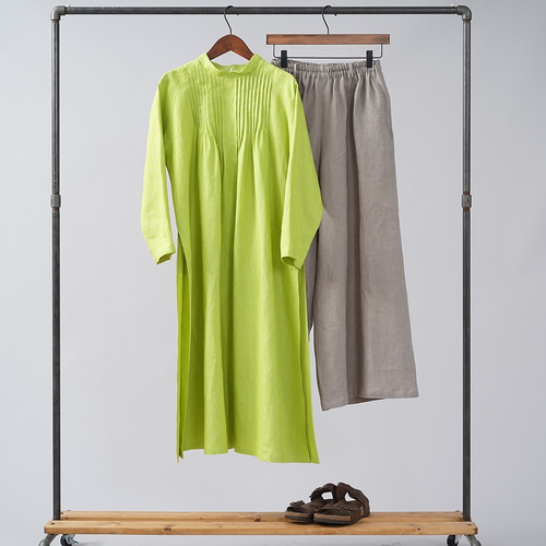 wafu】中厚 リネン ワンピース ピンタック アオザイ風 サイドスリット