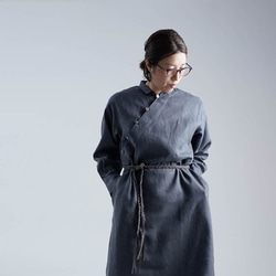 [wafu] 亞麻洋裝赤壁領長洋裝 / 暗灰色 a028h-dmg2 第1張的照片