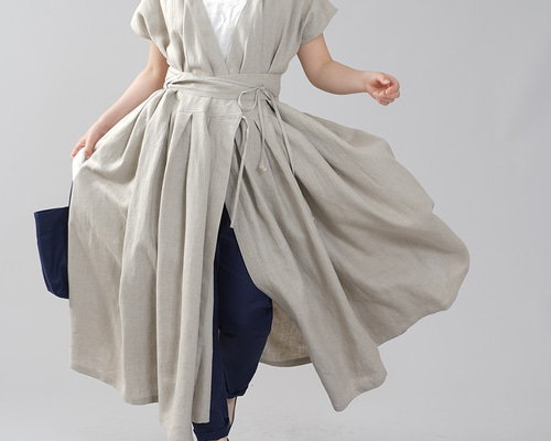 wafu】やや薄地 リネン 2wayドレス ワンピース カシュクール 40番手