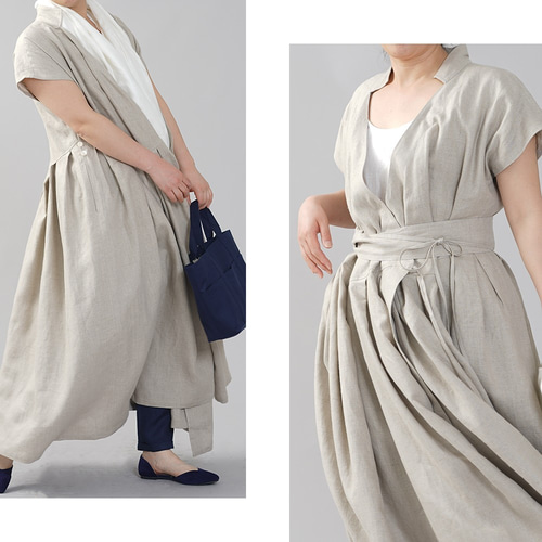 wafu】やや薄地 リネン 2wayドレス ワンピース カシュクール 40番手
