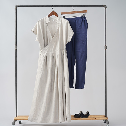 wafu】やや薄地 リネン 2wayドレス ワンピース カシュクール 40番手