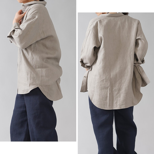 [wafu] 中厚日玉亞麻襯衫，長袖，櫻桃領亞麻襯衫，落肩/灰珍珠 t018c-asp2 第2張的照片