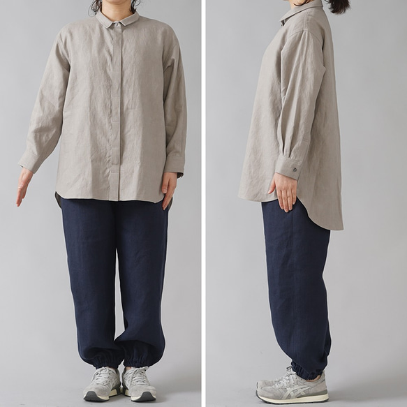 [wafu] 中厚日玉亞麻襯衫，長袖，櫻桃領亞麻襯衫，落肩/灰珍珠 t018c-asp2 第4張的照片
