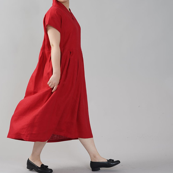 【wafu】中厚 リネン ワンピース 着物衿 禅 和装 ミモレ丈 半袖  リネン100%/レッド a084d-red2 4枚目の画像