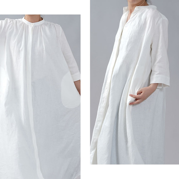 [wafu] 稍微薄亞麻 3/4 袖連身裙襯衫連身裙立領/白色 a015b-wt1 第3張的照片