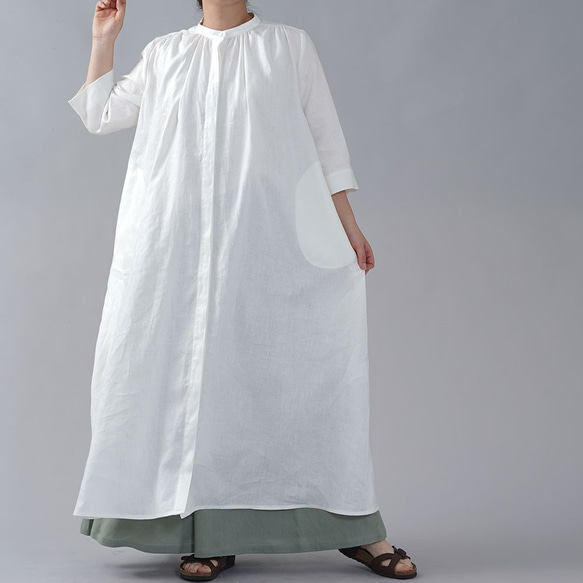 [wafu] 稍微薄亞麻 3/4 袖連身裙襯衫連身裙立領/白色 a015b-wt1 第6張的照片