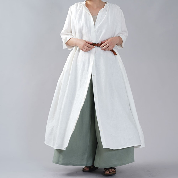 [wafu] 稍微薄亞麻 3/4 袖連身裙襯衫連身裙立領/白色 a015b-wt1 第7張的照片