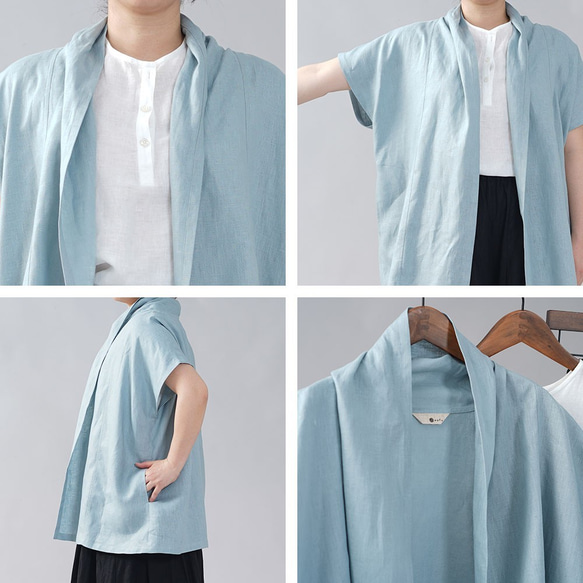 [wafu的介紹]中等重量的亞麻Haori Topper開衫長袍外套/ Skymint H014e-skm2 第9張的照片