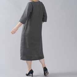 [Wafu]不太開的中厚亞麻V領連衣裙V領簡單/暗灰色a032e-dmg2 第3張的照片