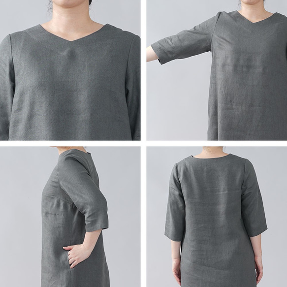 [Wafu]不太開的中厚亞麻V領連衣裙V領簡單/暗灰色a032e-dmg2 第9張的照片