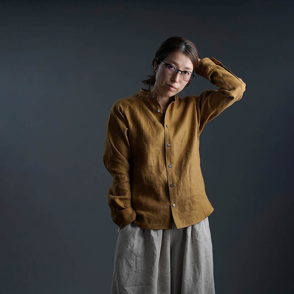 wafu リネンスタンドカラーシャツ