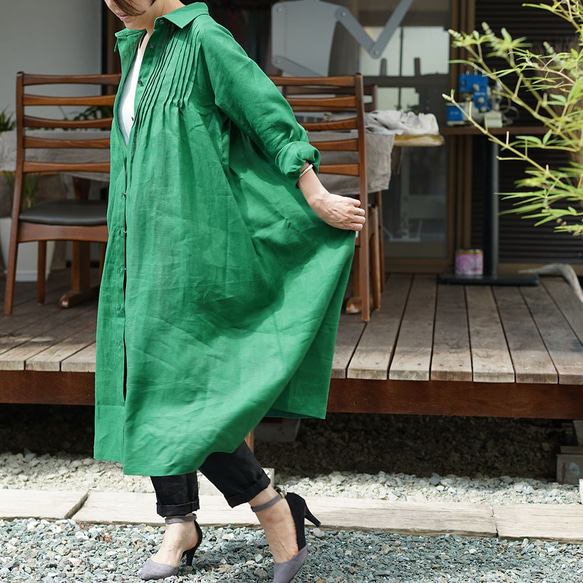 [Wafu]中厚亞麻連衣裙2way針塔克插肩袖/峽灣綠色A081J-FGN2 第4張的照片