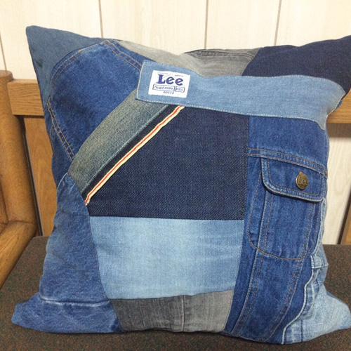 cu-4 ビンテージ デニム リメイク クッション カバー ジーンズ パッチ