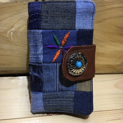 刺繍 デニムパッチワーク　iPhone８.7.6s.6　コンチョ 手帳型 カバー スマホ ケース 本革 2枚目の画像