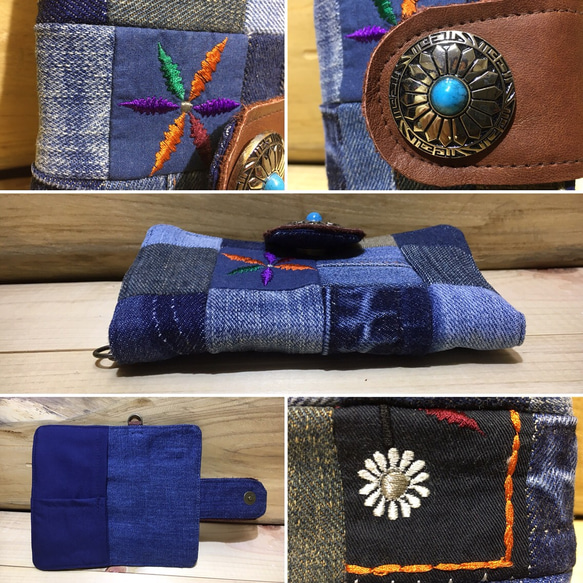 刺繍 デニムパッチワーク　iPhone８.7.6s.6　コンチョ 手帳型 カバー スマホ ケース 本革 4枚目の画像