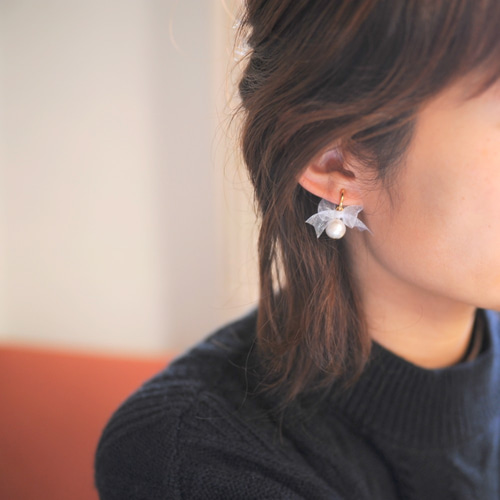 再120〉コットンパールとオーガンジーリボンピアス＊ ピアス（フック