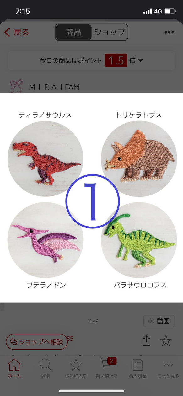 かわいい恐竜ワッペン-① 4枚セット アイロン接着仕様 3枚目の画像