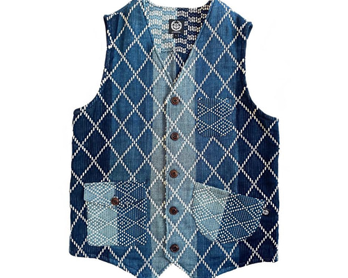 未使用タグ付 林田 絣 藍染 刺子 ベスト S 日本製 Aoyama Daruma indigo dye sashiko vest 藍染 刺し子 ベスト