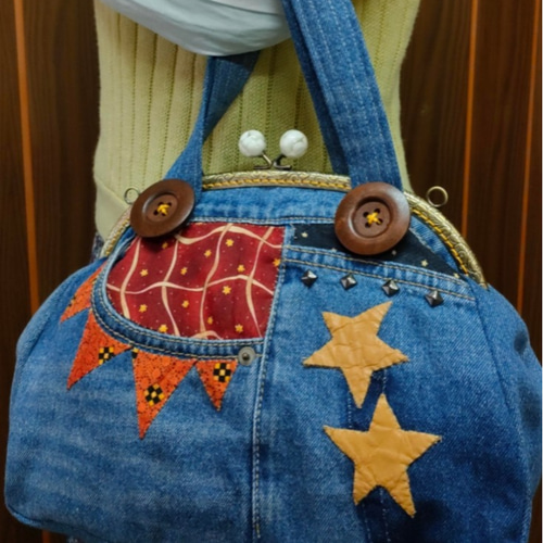 RIHAKU君様】がま口バッグ 桜デニム ハンドバッグ ハンドメイド れいな