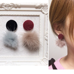 2way 冬のカボションとミンクファーピアス、イヤリング ピアス 