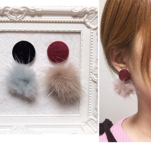 2way 冬のカボションとミンクファーピアス、イヤリング ピアス 