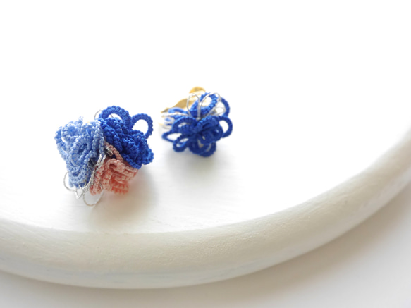 小花針織夾式耳環/藍色 第1張的照片
