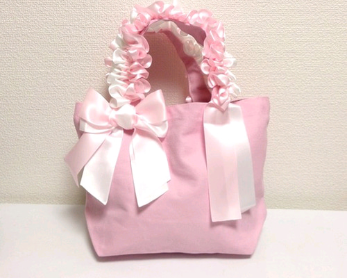 フリルバッグ　チェック　ピンク　リボン　花　トートバッグ　ハンドメイド フリルバッグ チェック ピンク リボン 花 トートバッグ