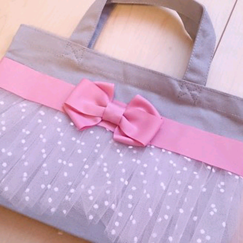 水玉チュールハンドメイド リボントートバッグ フリルサブバッグランチ