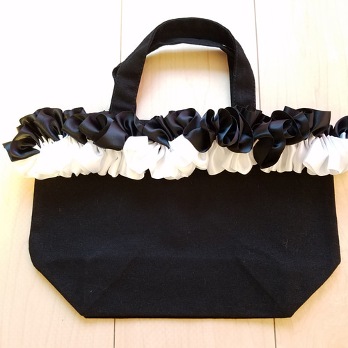 Sサイズ 白×黒ハンドメイド リボントートバッグ フリルトート