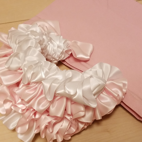 Sサイズピンク×白ハンドメイド リボントートバッグ フリルトートバッグ  