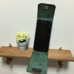 iPhone 5 /5s用 革 縦型 スマホケース ヌメ革 フラップ グリーン タテ型 4枚目の画像