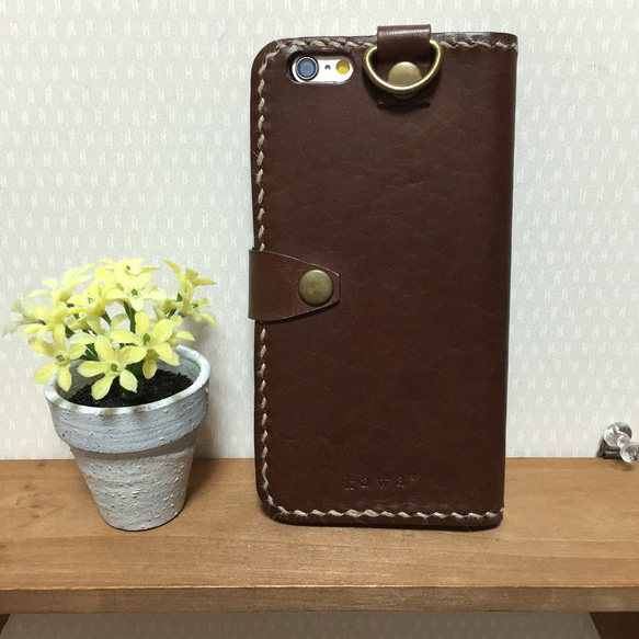 iPhone6s 栃木レザー オイル ヌメ革 手帳型 ケース 手縫い ハンドメイド 2枚目の画像