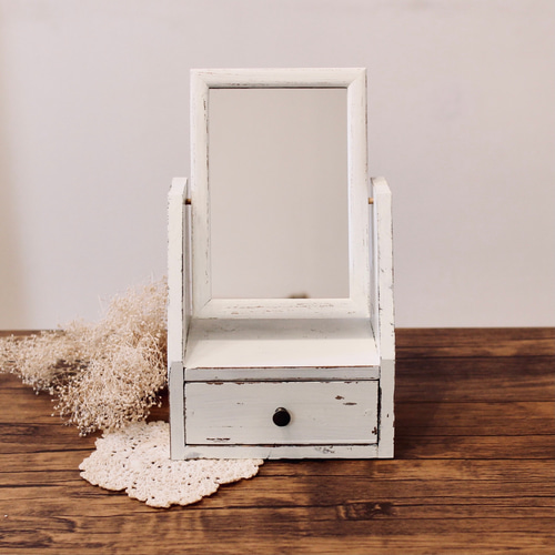 シャビーシックな木製コンパクト鏡台 引き出し付きスタンドミラー