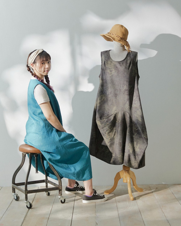 頑心系列-凹凸拼接亞麻洋裝-限量日本亞麻孔雀藍/歐洲刷色丹寧 第8張的照片