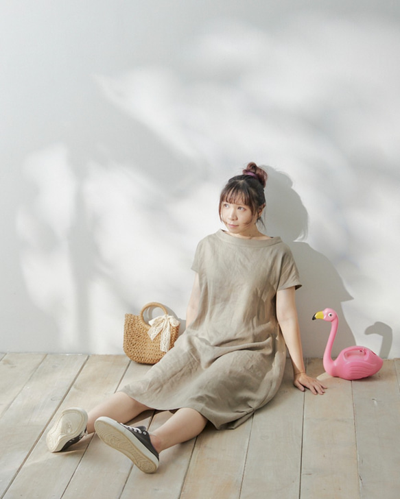 森系花苞精靈船型立領亞麻洋裝-雨露/可訂製顏色 第6張的照片